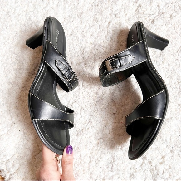 Etienne Aigner Black and Exposed Cream Stitching Buckle Slip On Sandal Heels - Picture 3 of 9